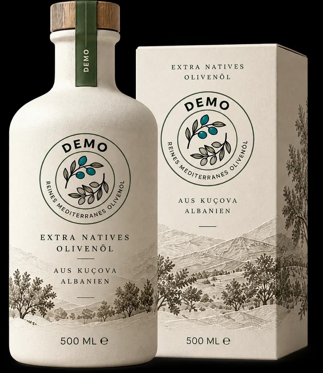 DEMO Olivenöl: Keramikflasche mit Holzverschluss und passender Verpackung